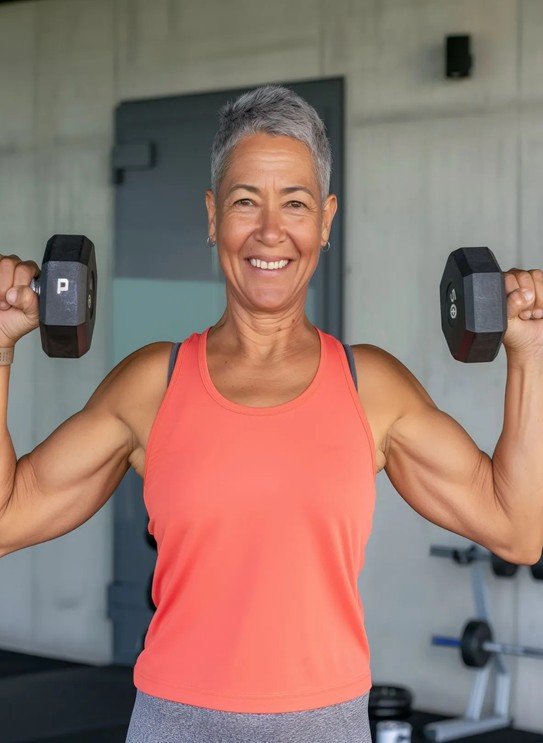 Mujer de cabello corto y canoso sonriendo mientras levanta dos mancuernas en un gimnasio